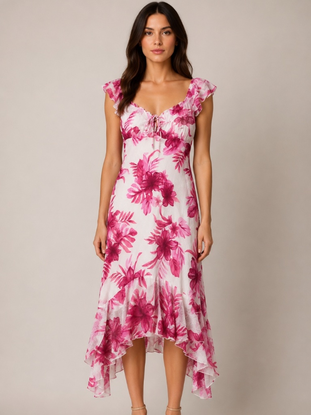 Rampage Y2K Pink White Floral Chiffon Bias Cut Slip Midi Dress Flutter Fairy XS